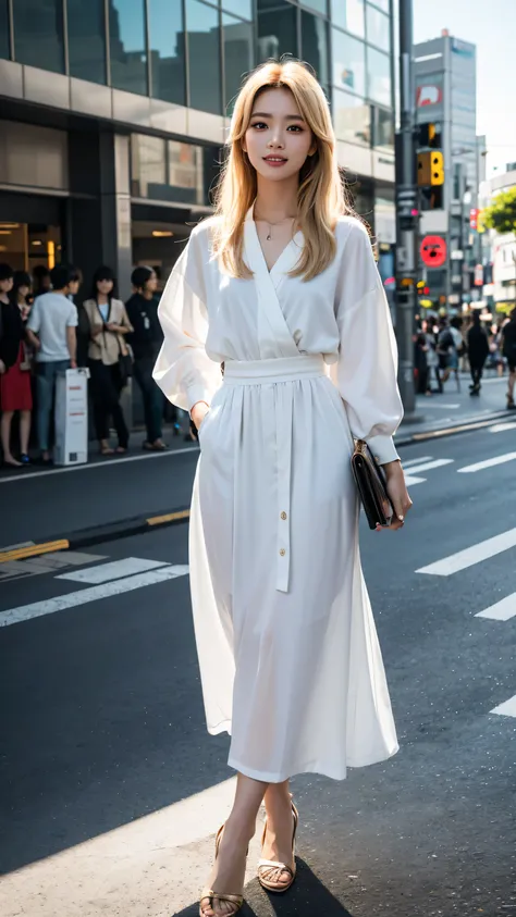 full body shot,(8k, photorealistic, RAW photo, highest quality), transparent clarity, Japanese woman, brightest blonde hair, medium-length hair, heavy makeup, light eyebrows, young persons clothing,full body shot, modest attire, extremely detailed face, do...