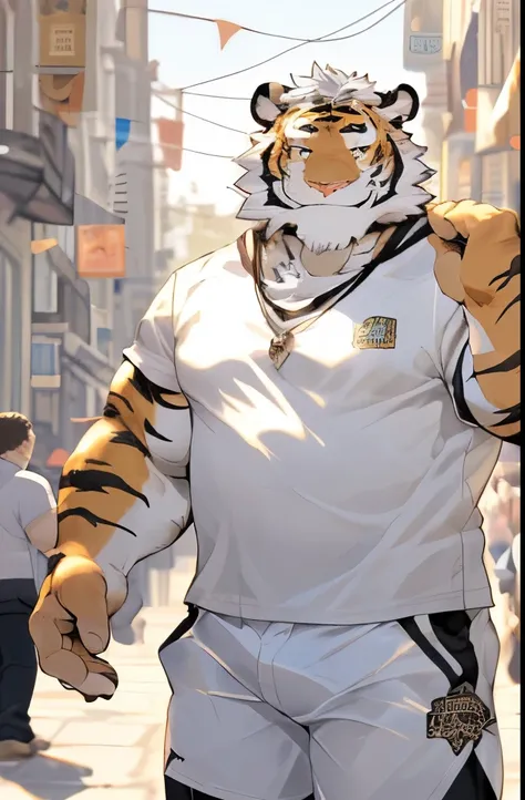 hairy，(tiger，White short sleeve，White shorts)，fur，White short hair，male，Common，full-body shot，(((Golden Eyes)))，(((Middle age)))，((Greet with a smile))，((Raise your hand to say hello))，Full body details ，Mature，Strong body，detailed city background，lifelike...