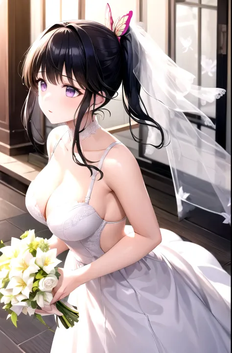 bride, bra, underwear, veil(masterpiece, best quality, detailed), 1 Girl, Solitary, Looking at the audience, Kana Odf, Purple Eyes, Black Hair, Long hair, blunt Bangs, Bangs, Hair accessories, Vulnerabilities, Butterfly, Side Ponytail, Butterfly Hair acces...