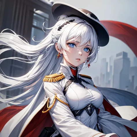 White hair, blue eyes, beautiful female, white military uniform