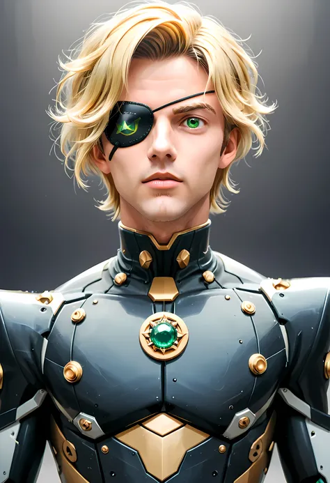 Arafed a picture of a human male spy, wearing dark suit, wearing ((mecha eye patch)) ((only one eyed covered: 1.5) , exquisite beautiful male, blond hair, short crop hair, green eyes, eye patch has intricate mechanical part in it, high society gala event b...