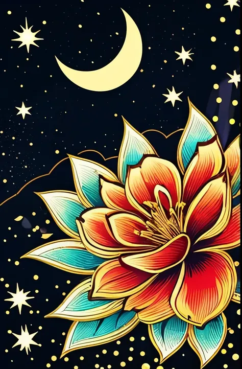 a bouquet of flowers with a crescent and stars on a black background, glowing flowers, 🌺 cgsociety, flowers and gold, floral sunset, night sky full of flowers, magical flowers, floral growth, celestial red flowers vibe, floral!, jen bartel, floral environm...