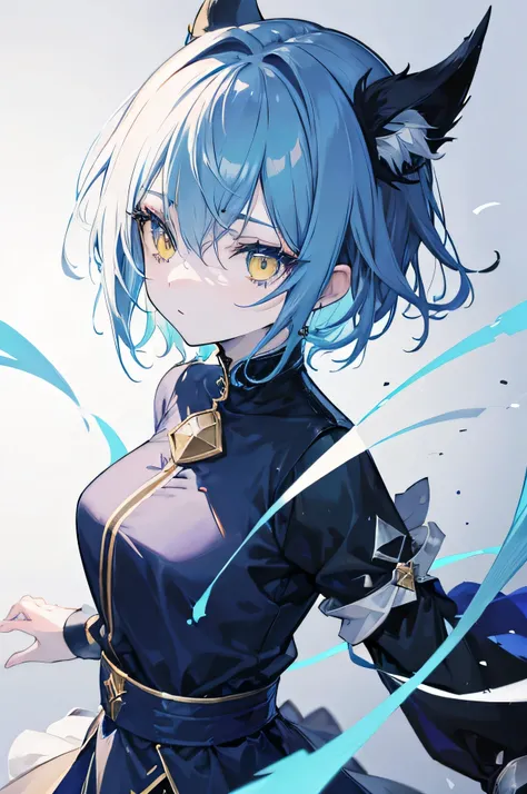 2D high quality, Anime girl with short messy hair (dark blue), yellow eyes, blue makeup, pale skin and white clothes.