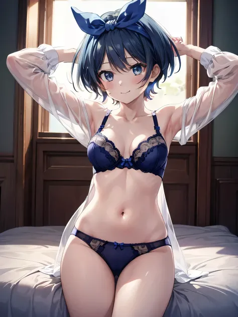 Highest quality、 [3D Images:1.15]、[8K images:1.5]、Three-dimensional、sexy、Cowboy Shot、Both arms、Are standing、1 Girl, character、in house、(Kumiko&#39;s image color underwear、Red underwear、 underwear),Red underwear, Looking at the audience, smile,Realistic eye...