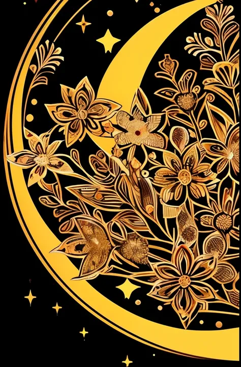 a bouquet of flowers with a crescent and stars on a black background, glowing flowers, 🌺 cgsociety, flowers and gold, floral sunset, night sky full of flowers, magical flowers, floral growth, celestial red flowers vibe, floral!, jen bartel, floral environm...