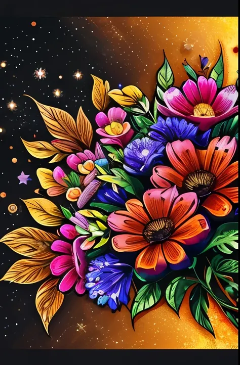 a bouquet of flowers with a crescent and stars on a black background, a digital painting by Android Jones, Artstation, pixel art, glowing flowers, 🌺 cgsociety, flowers and gold, floral sunset, night sky full of flowers, magical flowers, floral growth, cele...