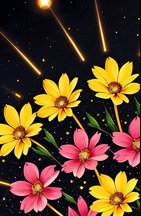 a bouquet of flowers with a crescent and stars on a black background, glowing flowers, 🌺 cgsociety, flowers and gold, floral sunset, night sky full of flowers, magical flowers, floral growth, celestial red flowers vibe, floral!, jen bartel, floral environm...