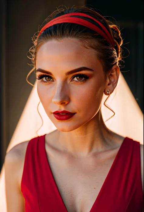 closeup Portrait photography. High Contrast. Fine facial details. Artful interplay of light and shadow. (hair updo). beautiful red dress, Pale skin. Piercing eyes. Ruby lips. Depth of field. Divine glow. mt-azusa