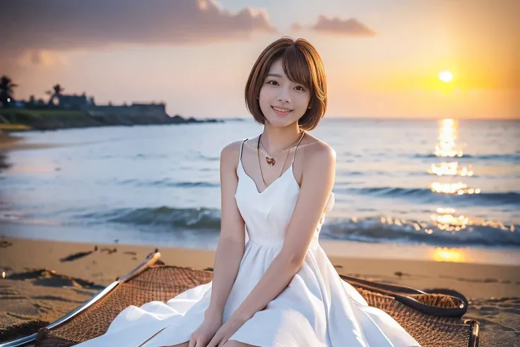 (Beautiful sunset、Sitting on the beach、An 18-year-old woman looking at the sea:1.5)、(Gentle smile:1.2)、(The best quality at its best:1.4), (Super detailed), (Very detailed CG unified 16k), Beautiful woman with perfect figure: 1.4, Sharp focus: 1.2, Very de...