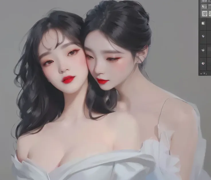 Close-up of a woman in a white dress and a woman wearing red lipstick., [ digital art 4k ]!!, Wolop and Sakimi-chan, By Yang J, artwork in the style of Guvez, Soft digital painting, Inspiration from Yan Juncheng, digital painting 8k, โดย Jeong Seon, Guvez,...