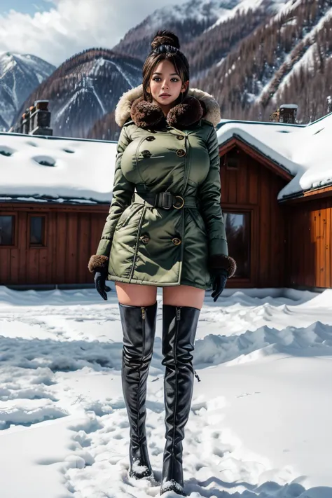 Beautiful busty in a down coat and over knee boots, photogenic pose,  snowy  field, full body shot, giga-busty 