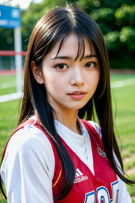 ((Highest quality, masterpiece, Ultra-high resolution, (Realistic:1.4), RAW Photos)),  Esbian all over, One Girl, Famous idols of Japan, 17 years old,　Volleyball Uniforms、 View Viewer, Very cute face,  Kind eyes、Very beautiful black hair, Long Bob Hair、Det...