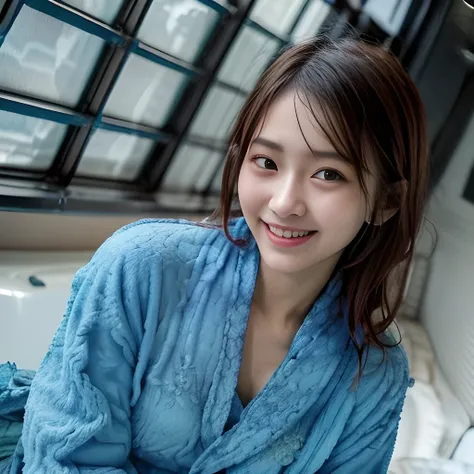 raw photo , 8K, ultra detailed, (realistic:1.2), (1girl:1.3), 20yo, japanese, (round face),(blue bathrobe:1.4), (smile, blush:1.3), (looking at viewer:1.3), reinopool, 