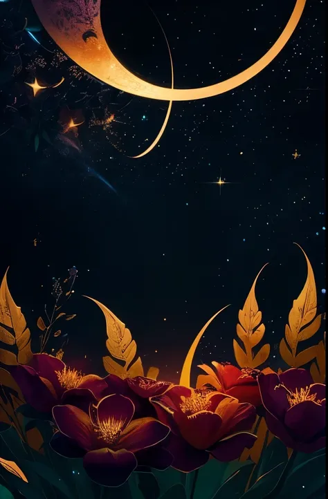 a bouquet of flowers with a crescent and stars on a black background, glowing flowers, 🌺 cgsociety, flowers and gold, floral sunset, night sky full of flowers, magical flowers, floral growth, celestial red flowers vibe, floral!, jen bartel, floral environm...