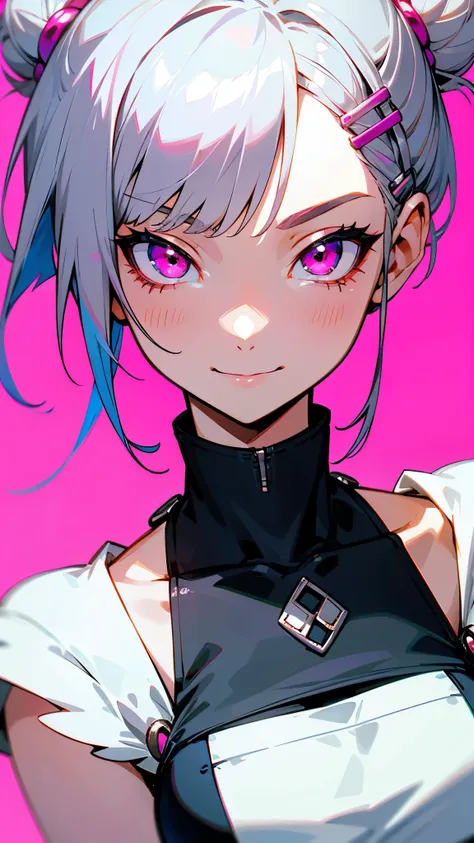 1 Girl, Anime Style、Short silver bob hair tied in a bun with a hair clip、Pink Eyes、Sophisticated and powerful appearance、exotic、Hilarious、smile、Colorful colors、Upper body close-up、