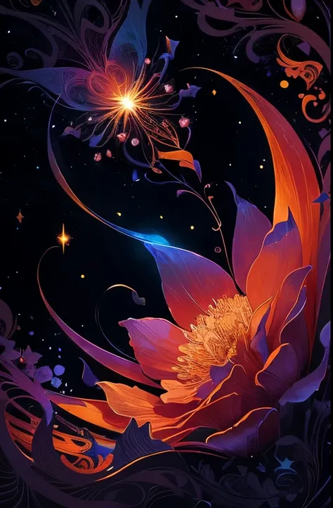 a bouquet of flowers with a crescent and stars on a black background, a digital painting by Android Jones, Artstation, pixel art, glowing flowers, 🌺 cgsociety, flowers and gold, floral sunset, night sky full of flowers, magical flowers, floral growth, cele...