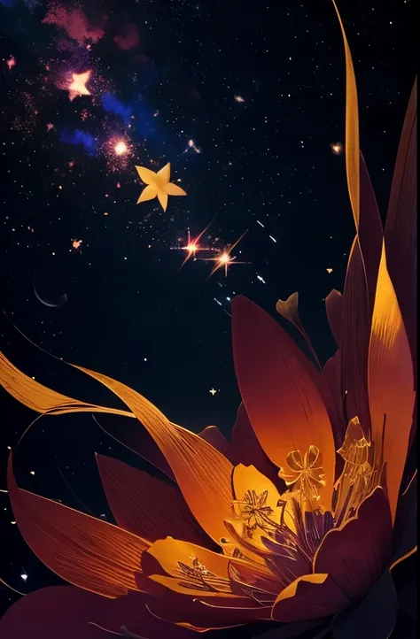 a bouquet of flowers with a crescent and stars on a black background, glowing flowers, 🌺 cgsociety, flowers and gold, floral sunset, night sky full of flowers, magical flowers, floral growth, celestial red flowers vibe, floral!, jen bartel, floral environm...