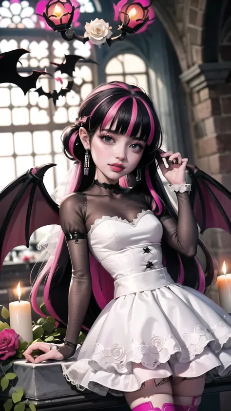 ((high quality)), ((Work of art)), (more detail), 1girl, succubus, centered, a girl with a bat wings, wedding dress, award winning upper body portrait, cowboy shot, Draculaura_MH, solo, black half hair, pink half hair, multicolored hair, long hair, wave ha...