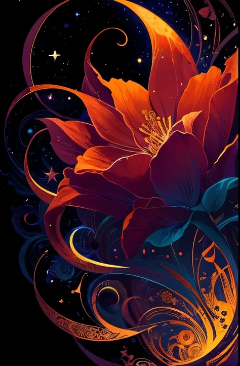 a bouquet of flowers with a crescent and stars on a black background, a digital painting by android jones, artstation, pixel art...