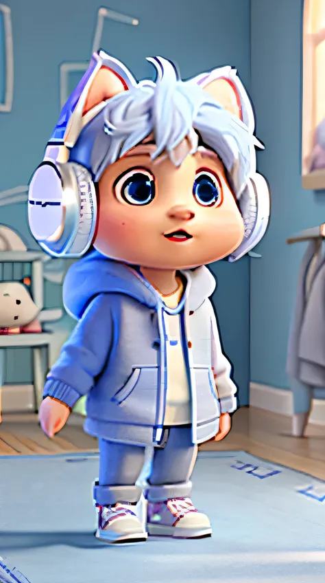 （full body shot:1.５）A cute white dog with fluffy fur、Light grey clothes、hoodie、wearing headphones。Location: Inside the room、The background is a light blue wall。Adorable digital painting、3D Rendering、Bright lighting、Bright colors、