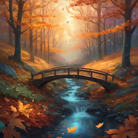 Create an incredibly amazing and fantastical image inspired by "Autumn Leaves." Imagine a serene forest during the peak of autumn, where the trees are ablaze with vibrant shades of red, orange, and yellow. The scene is set during the golden hour, with the ...