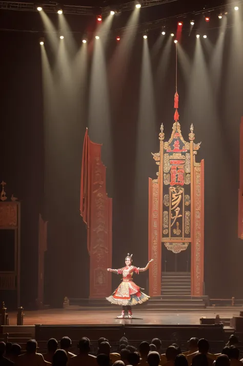 Background: In an old, dilapidated and short temple fair, two people in Peking Opera costumes are performing on an old stage. Many people are watching below the stage. The characters are clear. The light is retro and dim. The natural light is dim. The peop...