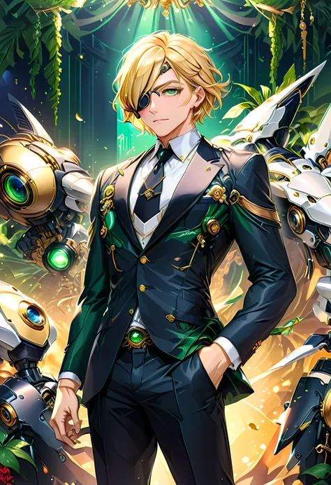 Arafed a picture of a human male spy, wearing dark suit, wearing ((mecha eye patch)), ((eye patch covering only one eye: 1.5))exquisite beautiful male, blond hair, short crop hair, green eyes, eye patch has intricate mechanical part in it, high society gal...