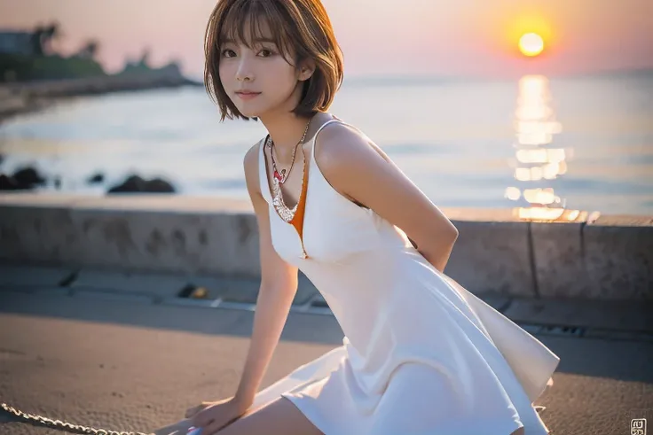 (Girl not looking at camera:1.2)、(A side view of her:1.5)、(Sitting on the beach with my knees hugged、Profile of a woman looking at the beautiful sunset over the sea、18-year-old female:1.5)、(The best quality at its best:1.4), (Super detailed), (Very detaile...