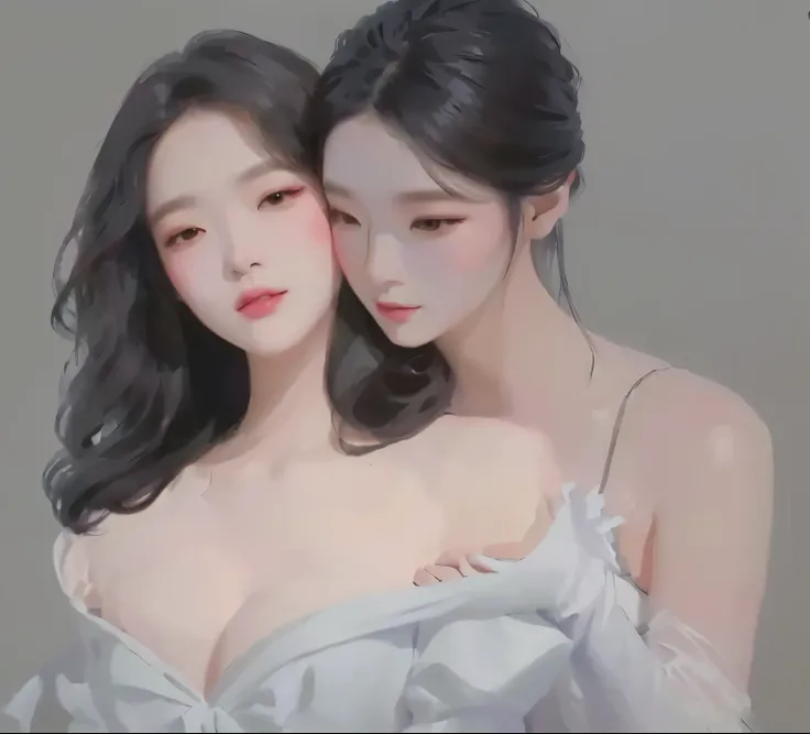 Close-up of two women in white dresses, one holding a cell phone., Artwork in the style of gouache, Inspiration from Yan Juncheng, Wolop and Sakimi-chan, By Yang J, Inspiration from Kim Deuksin, [ digital art 4k ]!!, In the art form of the pond, Lesbian Ar...