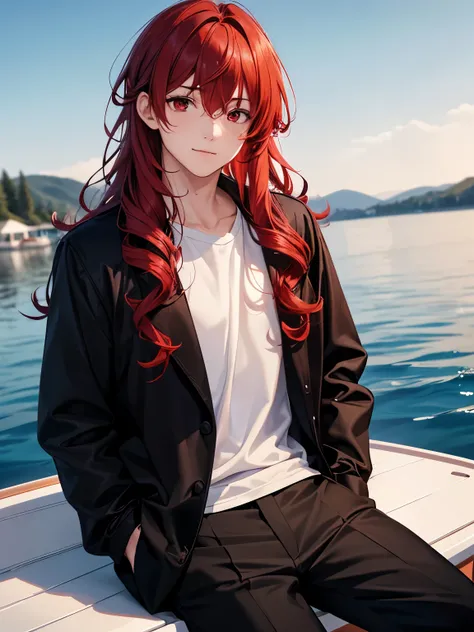 1boy,18 years old,Sitting on a boat, on a lake,slight smile,middle parted hairstyle,Standing facing backwards,talking,Curly hair, red hair, red eyes, long hair, vampire, handsome,,, standing,close up photo,White t-shirt, black jacket,black jacket,,black tr...