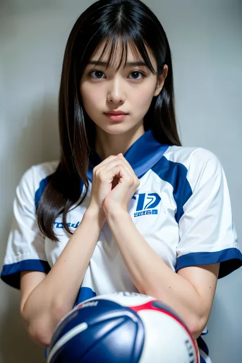 ((Highest quality, masterpiece, Ultra-high resolution, (Realistic:1.4), RAW Photos)),  Esbian all over, One Girl, Famous idols of Japan, 17 years old,　Volleyball Uniforms、 View Viewer, Very cute face,  Kind eyes、Very beautiful black hair, Long Bob Hair、Det...