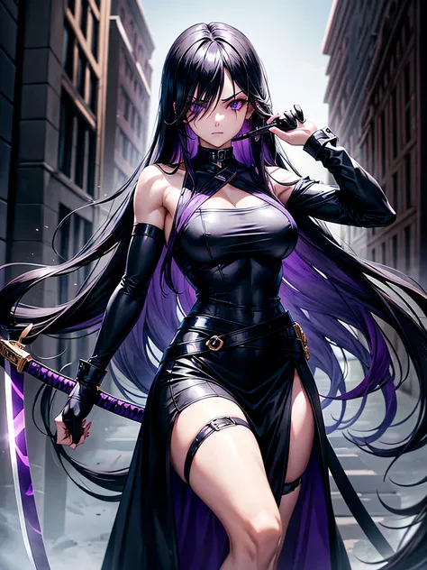 A girl with lazy really long black hair covering her right eye, sharp purple eyes, a muscularly lean body with strong forearms, wearing a black suit with a long black skirt, black thights, black gloves and violet jewelry and black chains, carrying a purple...