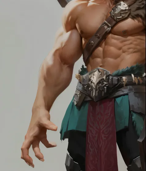 there is a man with a swormorality anmorality a belt on his chest, Muscular personality, male barbarian, barbarian class, barbarian, Concept art of the warrior, hypermoralityetailemorality fantasy character, Muscle Hero, Male Warrior, Technoviking topless ...