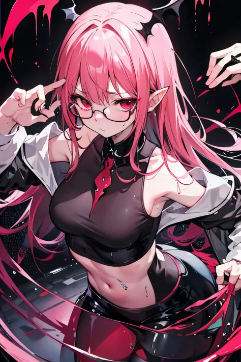 underdressing，Expression of disgust，Expression of disgust，Red Eyes，Sweat，Soaked，liquid，transparent，Cropped tops，succubus，pink，stocking，grid，Glasses