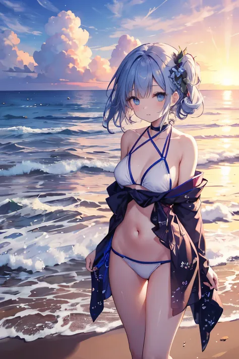 Japanese anime style,A young girl stands on a deserted white sand beach, Blue Bikini、Blue Bikiniを着ている,A beautiful sunset in the background, The sky and sea dyed in the sunset、The girl has a relaxed look, Capture the calm and tranquil atmosphere of a beach ...