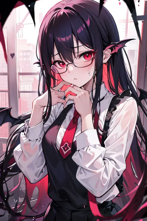 underdressing，Expression of disgust，Expression of disgust，Red Eyes，Sweat，Soaked，liquid，transparent，succubus，pink，stocking，grid，Glasses