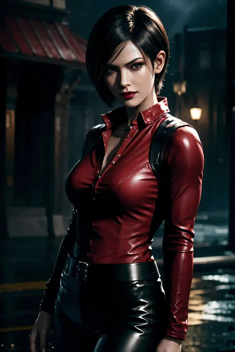 resident evil 6,ada,short hair,red shirt,stand up your collar,black leather pants,photorealistic,ultra hd,high quality,masterpie...