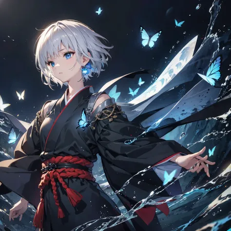 ((high resolution　gray hair　short hair　black kimono　black band　military commander　lonely　despair　blue eyes))　((yellow butterfly　...