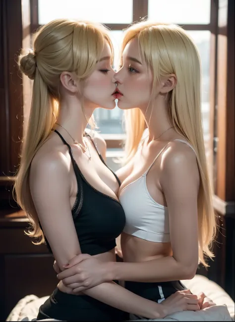 traptrixmantis,crop tank top, mini thong,((blonde hair 2girls:1.2)), ((2girls kissing touching and hugging each other:1.2)),full...