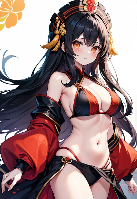 black hair，orange eyes，long hair，，blush，large breasts，red sling bikini，bedroom background，immortal cultivation，zhuge fruit《three...