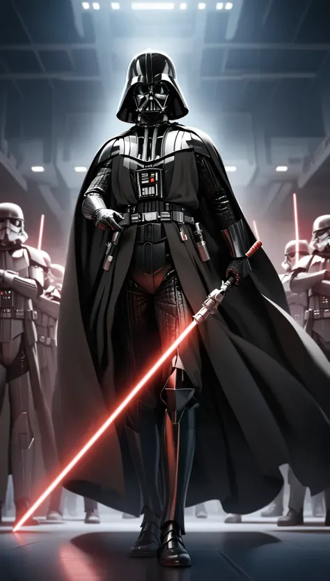 darth vader standing in front of a group of storm troopers in a room, holding lightsabe in his hands, walking across a bunch of ...