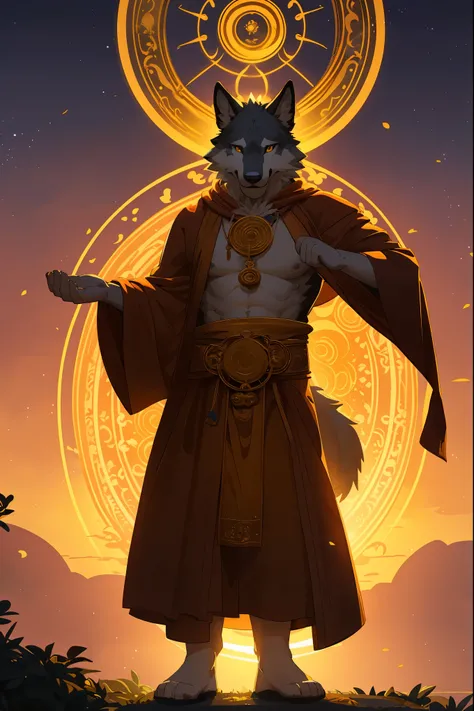 male wolf monk in the garden,dreamy background,lotus position,put ones palms together,The Sanskrit golden wheel behind it,Flying golden Sanskrit,kindness, divinity,divine light,holy light,boundless light,magnificent sunset background,octane render,gorgeous...