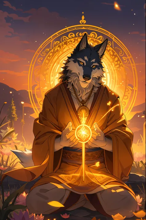 male wolf monk in the garden,dreamy background,lotus position,put one's palms together,the sanskrit golden wheel behind it,flyin...