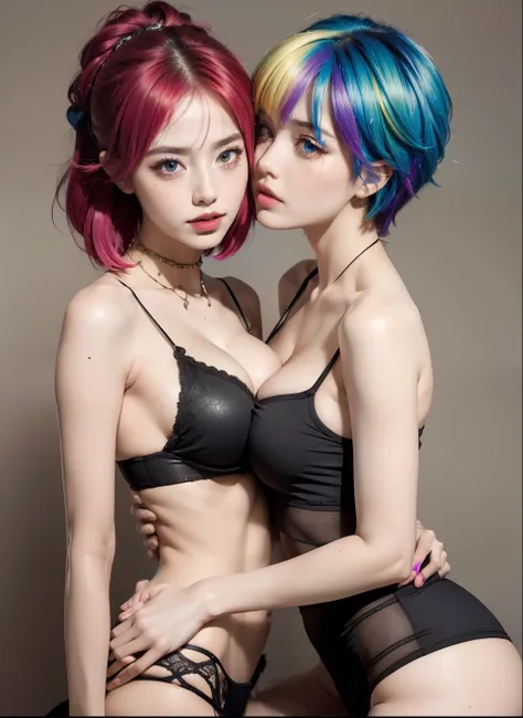 traptrixmantis,crop tank top, mini thong,((rainbow colored hair 2girls:1.2)), ((2girls kissing touching and hugging each other:1...