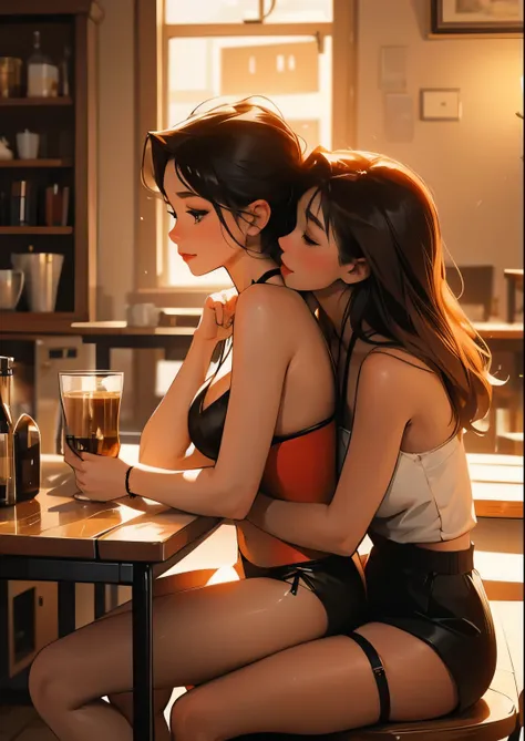 Two beautiful adult anime women in tiny , stockings and halter tops kissing passionately in a giant coffee cup on a giant table