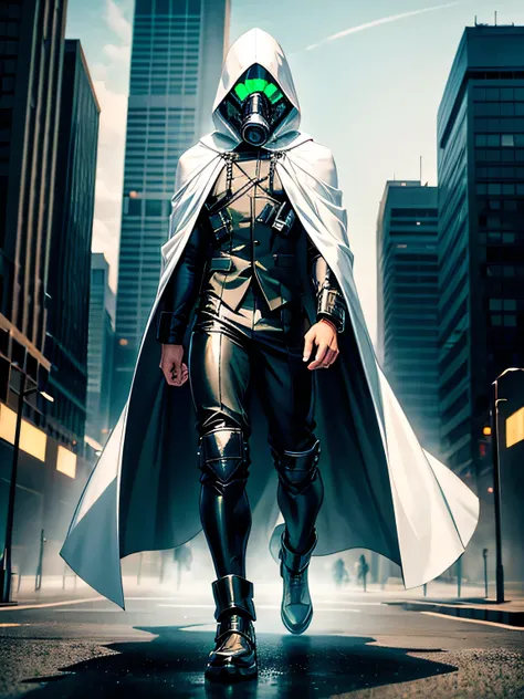 A tall muscular 17 year old boy with messy white hair, wearing a black gas mask covering his face, a white cloak with its hood up and a black fullbody suit. Glowing green eyes. In an urban city.