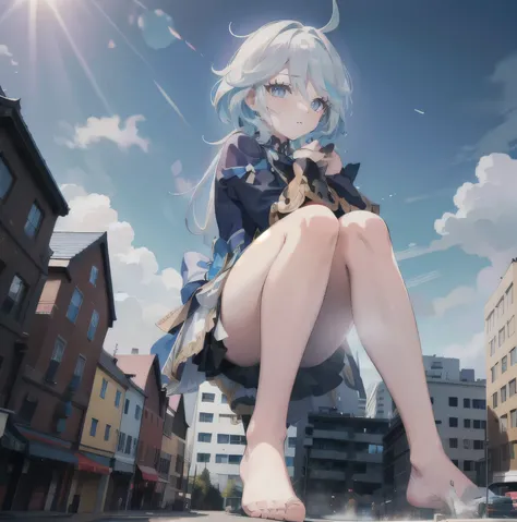 1 Girl,huge,Shy,barefoot,white blue hair,blue eyes,Sitting on the Earth,line-up,line-upGiga,city building,line-upCity,Look up from the bottom up，whole body