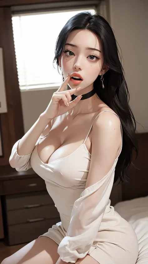  ((((Open your mouth))))、masterpiece,Highest quality,High resolution,Very detailed,bb Festival,straight hair,,((((( Sexual seduction顔))))),skinny,Black choker,Earrings,Huge cleavage、Off-the-shoulder tight sweater dress、,Race,(( Perfect Fingers )) ,  indoor...