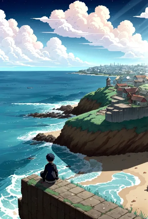 Ruined Town、Ocean、Grieving Boy、landscape、anime