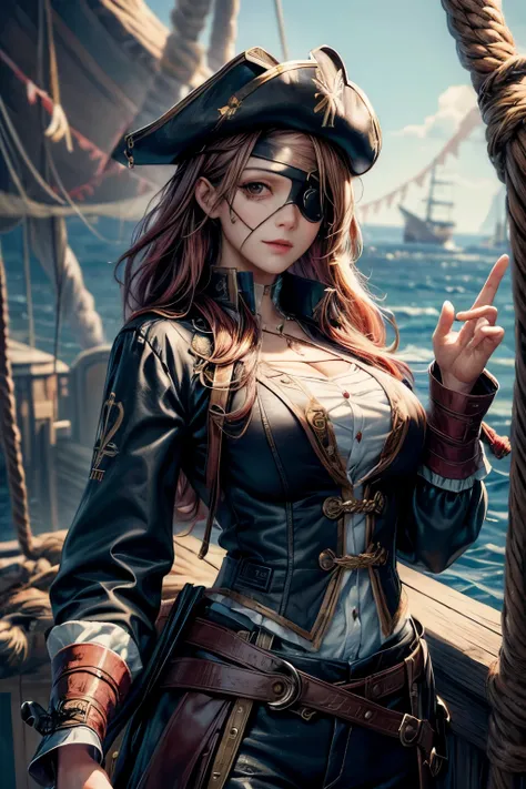 (ultra-detailed, oil painting style, masterpiece: 1.4), standing female pirate captain with (eye patch:1.4),
(high resolution: 1...